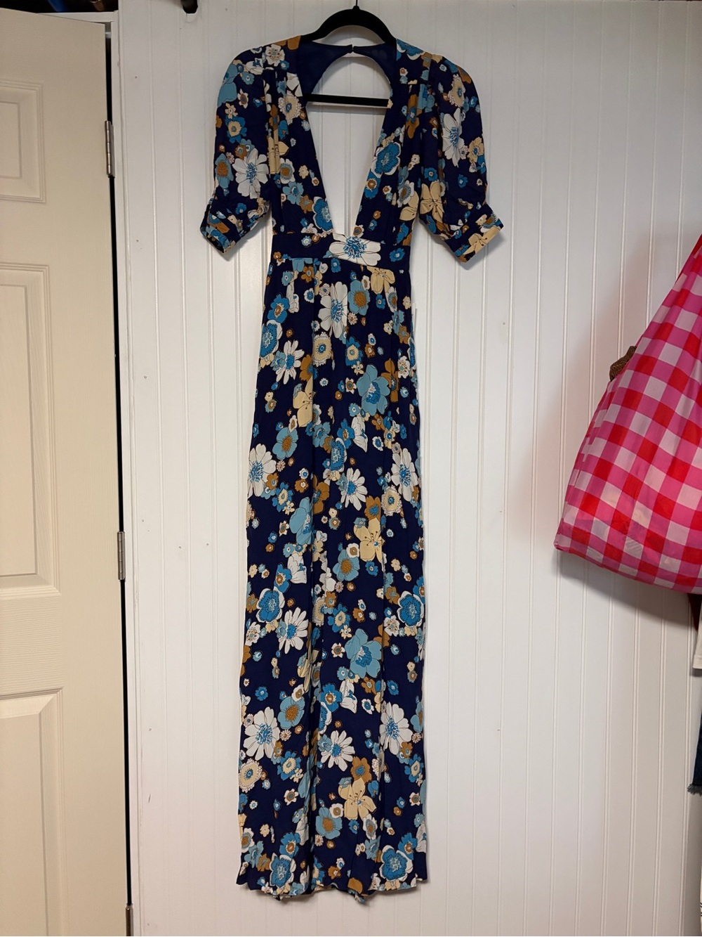 For Love & Lemons Navy Floral Deep V Maxi Dress XS
